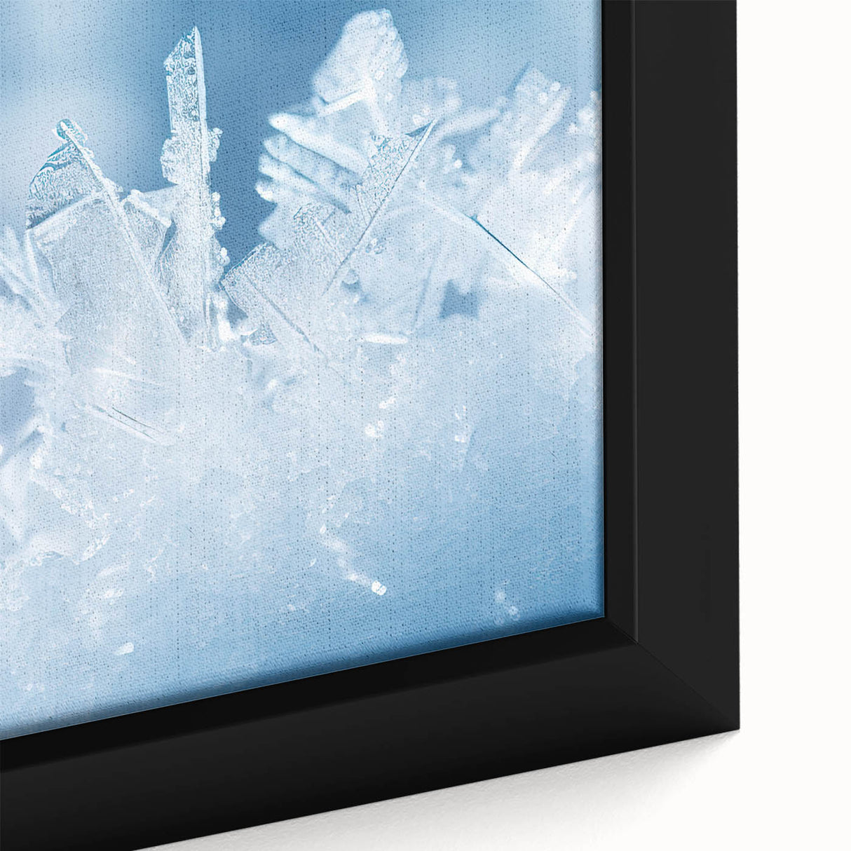 Framed canvas featuring a close-up textured design of frost in black with colorful accents.