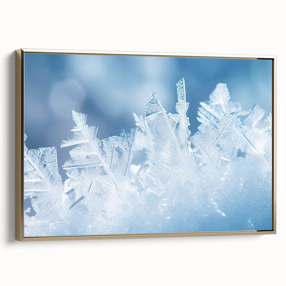 Framed canvas depicting a close-up of frost patterns in ice, presented in a vintage poster style with a gold frame.
