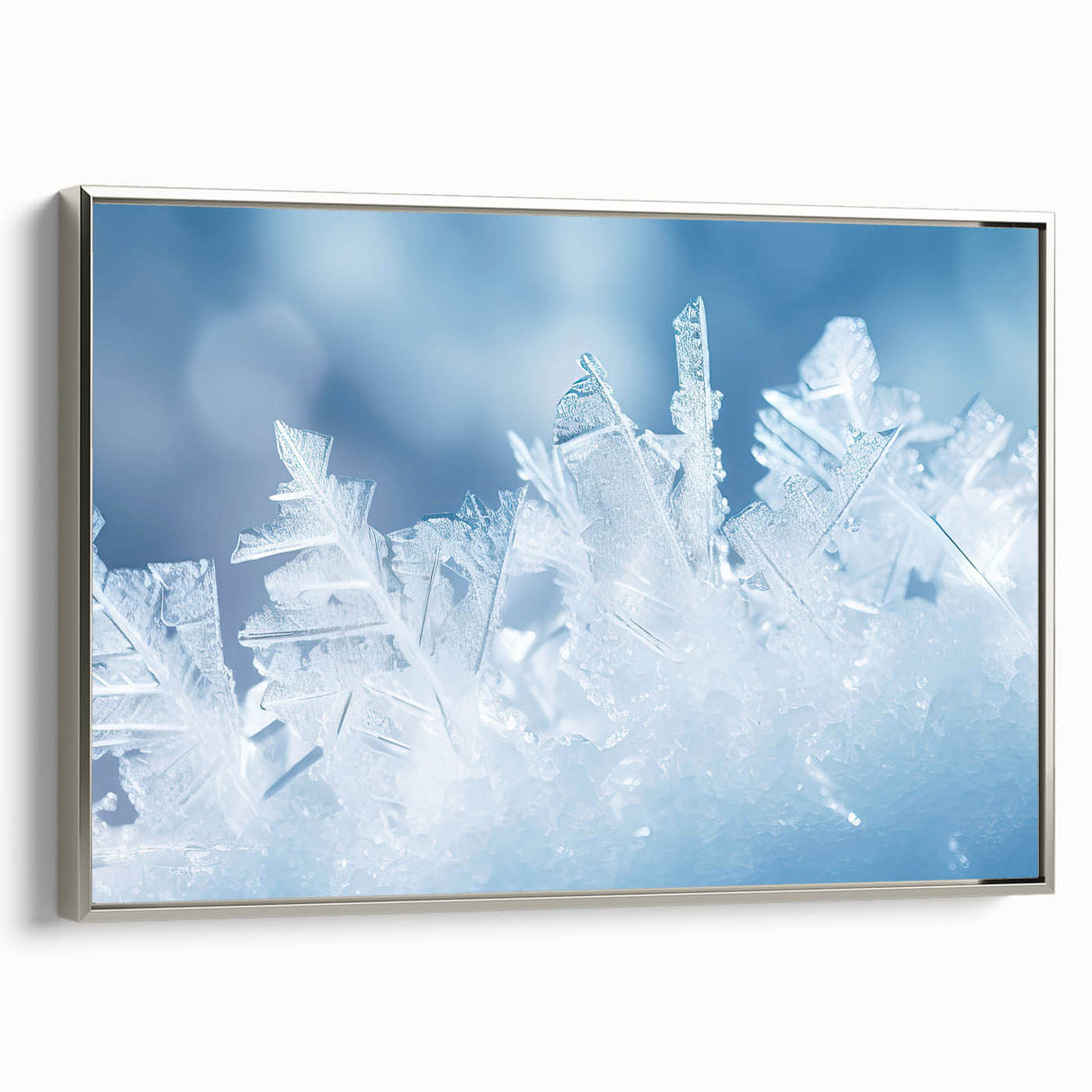 Vintage poster art of a frost design on a silver-framed canvas, featuring black and colorful hues.