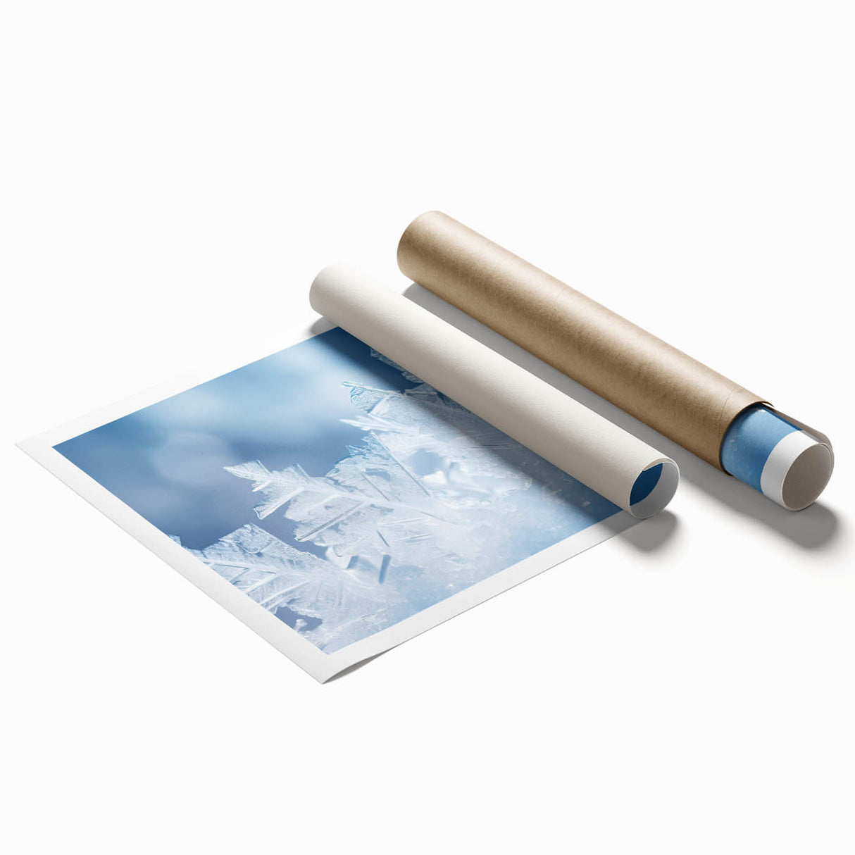 Extra large rolled print of a close-up frost design on a plant, in muted blue and white tones.