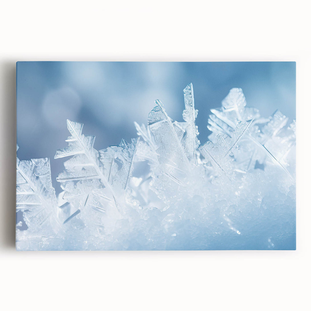 Black and white close-up of frost patterns on ice, printed on large stretched canvas, suitable for kitchen wall art.