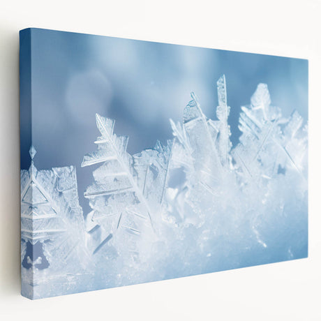 Close-up image of frost patterns on ice, rendered in blue and white tones on a stretched canvas.