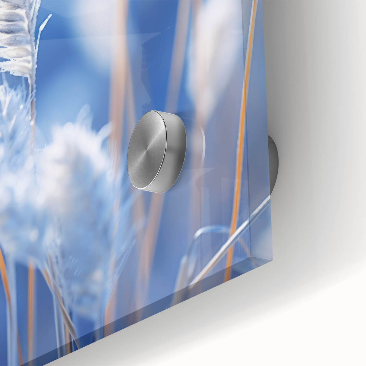 Close-up of frost design in icy tones on acrylic glass, ideal for dining room art with a mid-century modernist style.