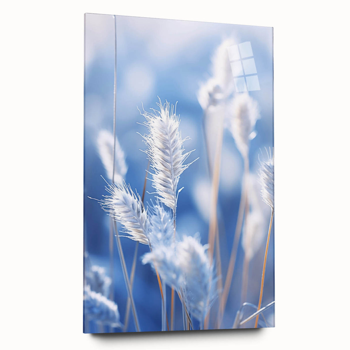 Large abstract wall art of frost patterns on acrylic glass, featuring muted blue and white tones.