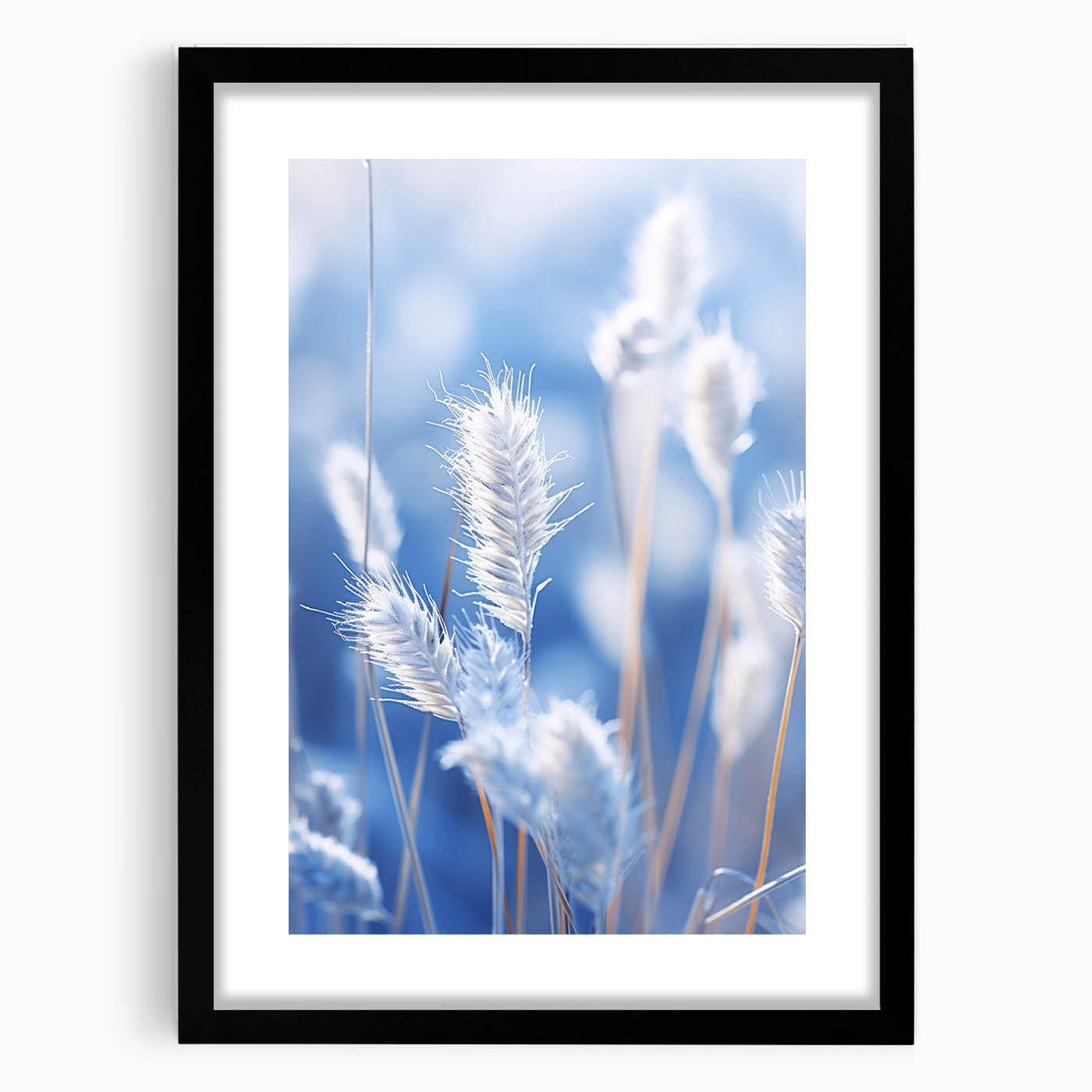 Abstract art print featuring a frost-like textured design in vibrant blue and white hues on a large black framed canvas.