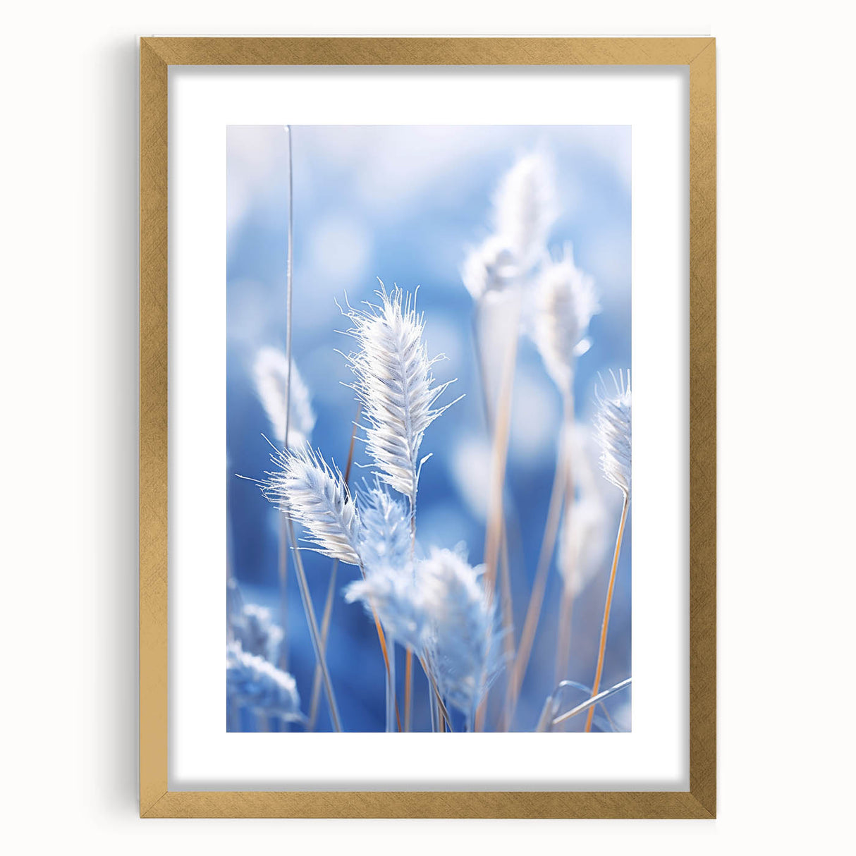 Textured art of abstract frost design in muted blue and white tones on a gold-framed mat, suitable for bedroom decor.