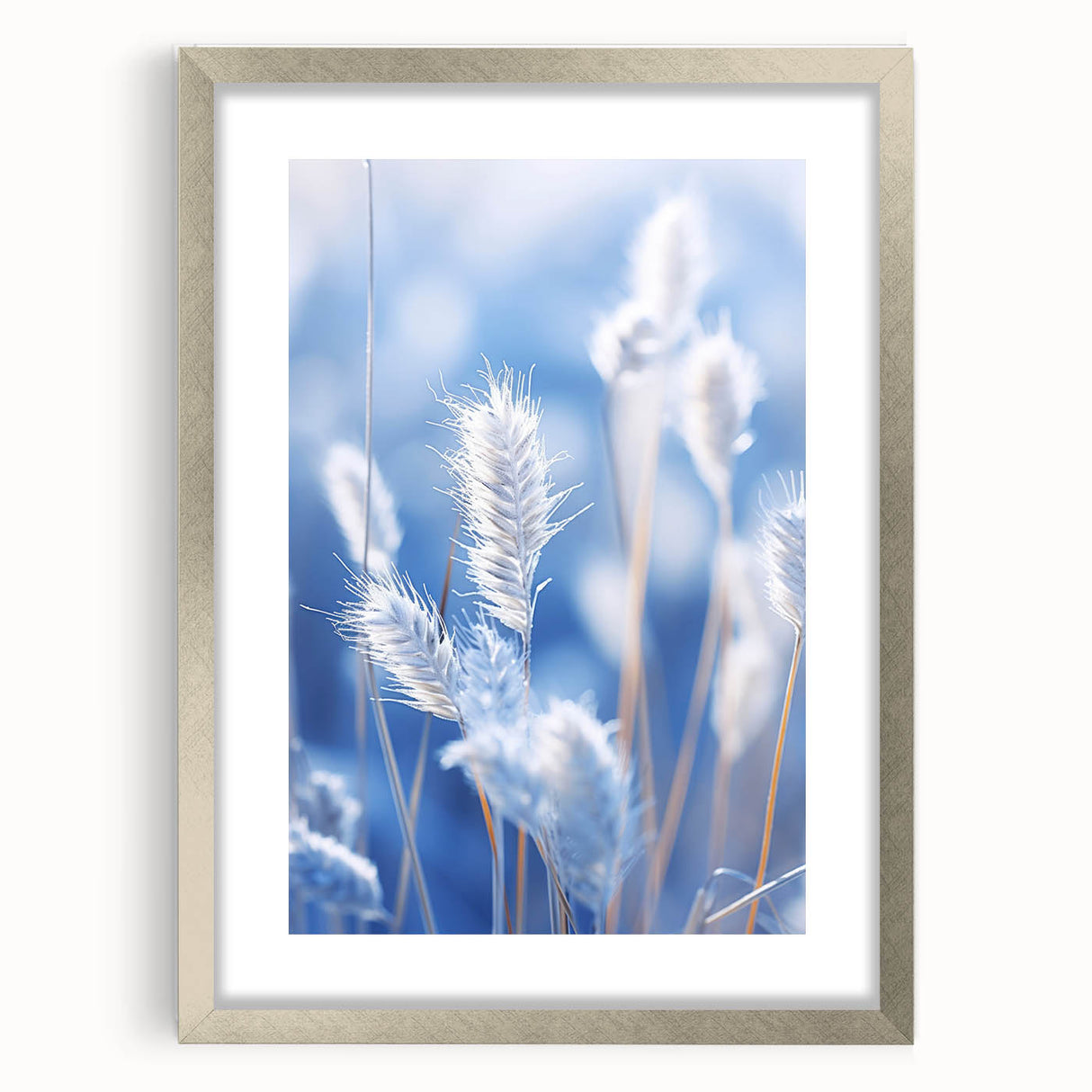 Abstract art print of frost patterns in muted gray and silver tones on a framed poster.