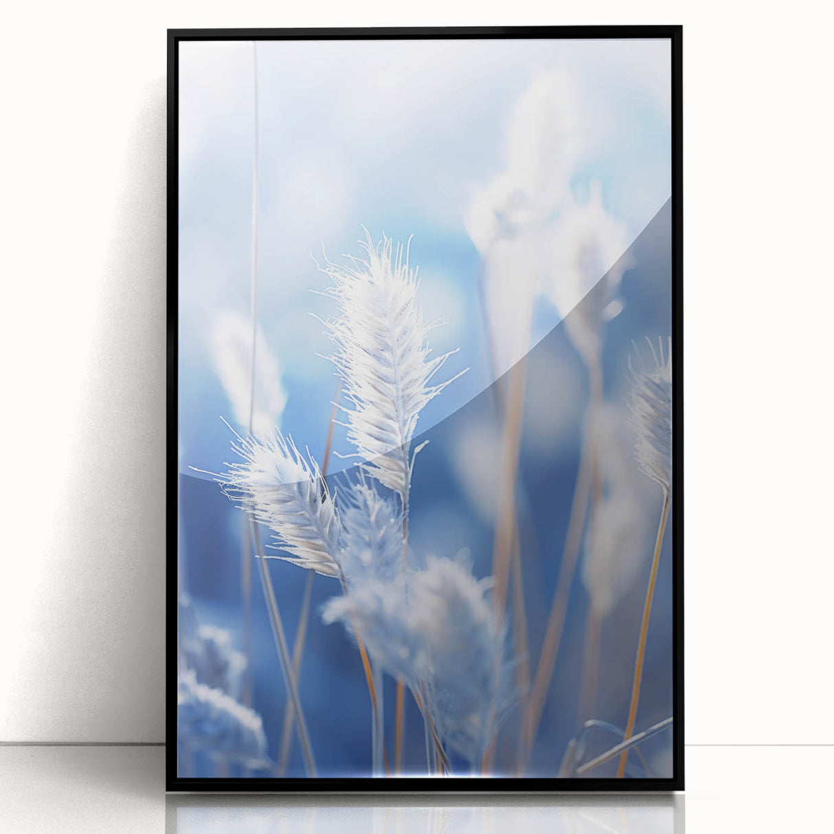 Large abstract wall art depicting frost patterns in muted gray, framed in black acrylic.