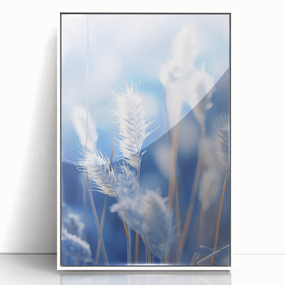Framed acrylic print of a close-up frost design in white and blue tones, ideal for modern art wall decor.