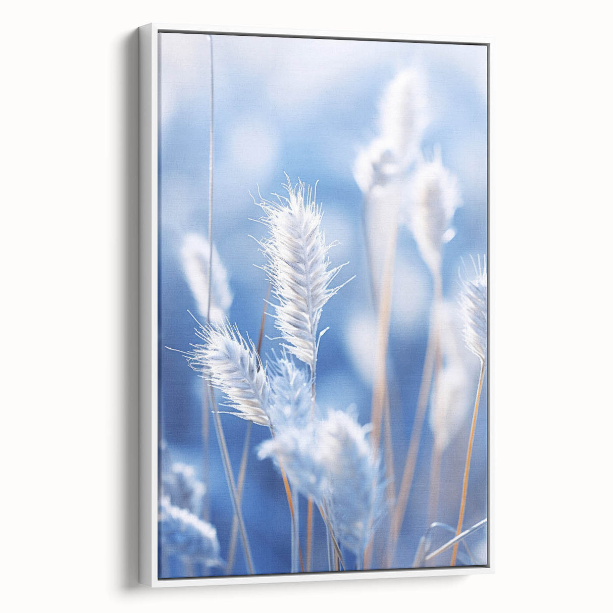 Framed canvas featuring a close-up of ice patterns in muted white and gray tones, suitable for bedroom wall art.