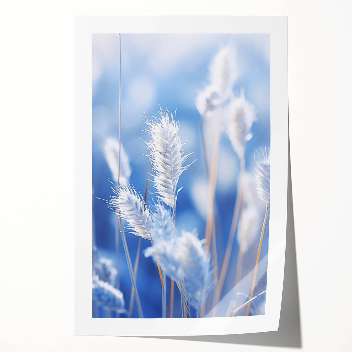 Close-up of frost patterns on ice in muted blue and white tones, rolled print, suitable for dining room or bathroom wall art.