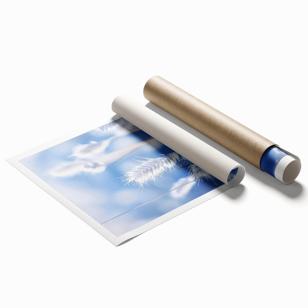 Close-up of frost patterns on ice in muted blue and white tones, rolled print, suitable as classy bathroom wall art.