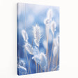 Close-up image of frost patterns on ice in muted blue and white tones, printed on stretched canvas.