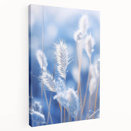 Close-up image of frost patterns on ice in muted blue and white tones, printed on stretched canvas.