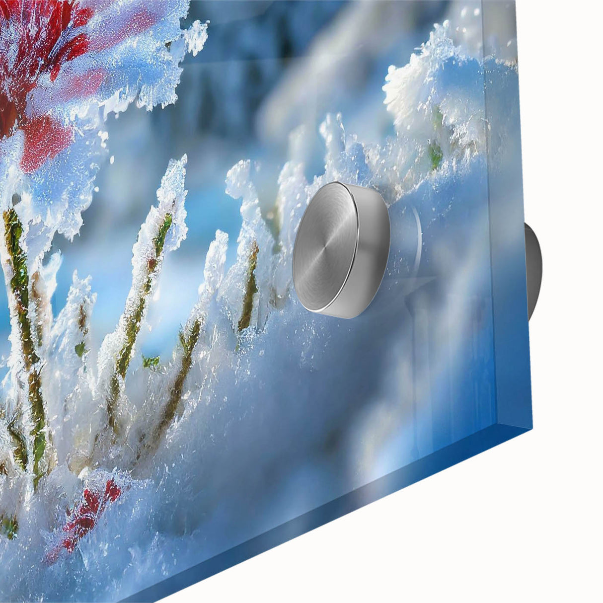 Close-up of frost patterns in muted gray tones on acrylic glass, suitable as large abstract dining room art.