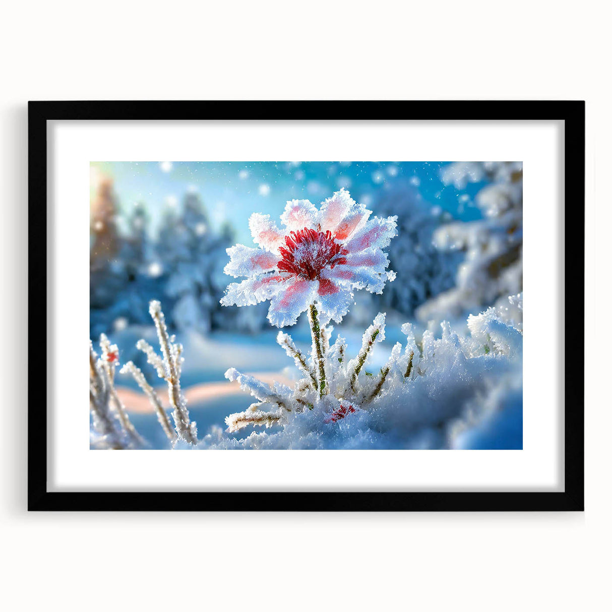 Abstract art print featuring textured frost patterns in vibrant blue and white tones on a large black-framed canvas.