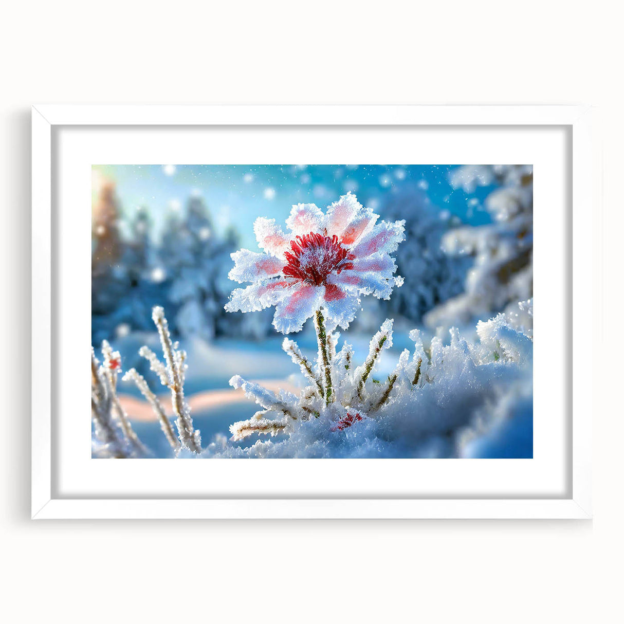 Extra large wall art featuring a close-up abstract frost design in textured white and blue tones on a framed white mat.