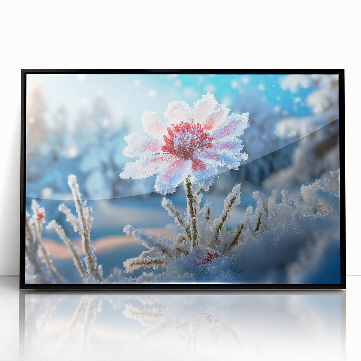 Large abstract wall art featuring a close-up of frost patterns in muted gray tones on a framed acrylic.