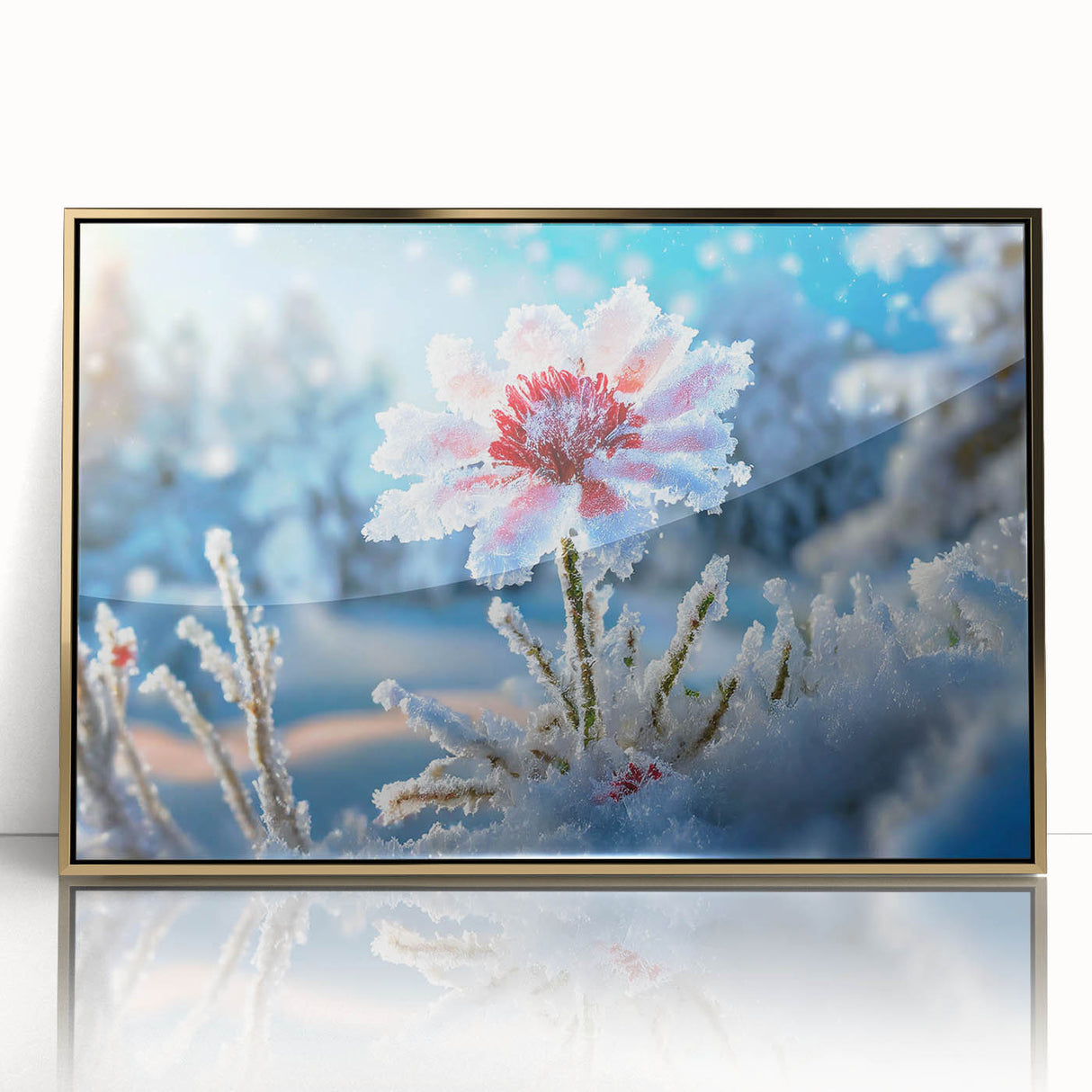 Framed acrylic print of a close-up frost design in gold tones, showcasing mid-century modernist style.