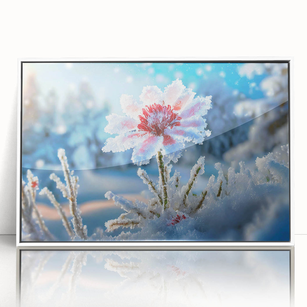 Framed acrylic print of a close-up frost design in white and blue tones, ideal for modern nursery wall art.