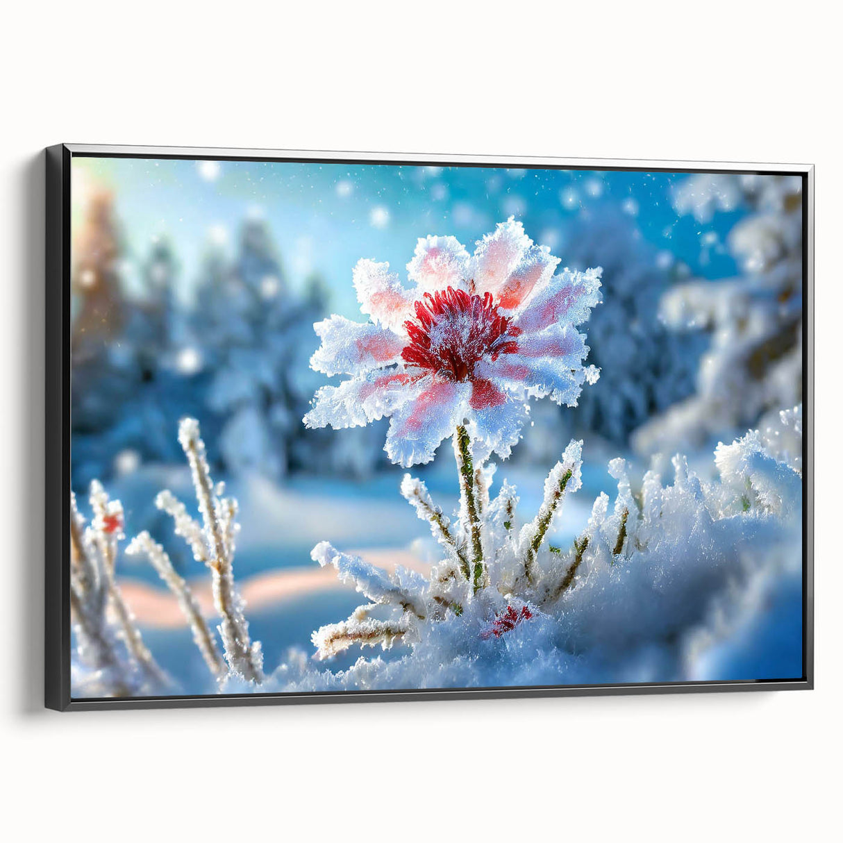 Black and white framed canvas depicting a close-up of frost patterns, ideal for bedroom wall art with a vintage feel.