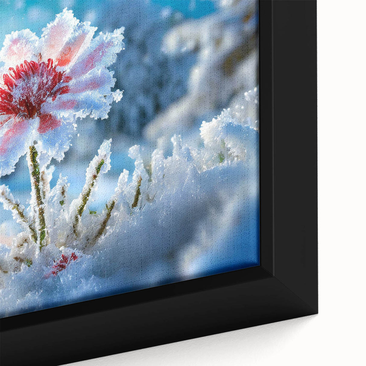Close-up of textured black wall art featuring a frosted ice design with colorful undertones on a framed canvas.