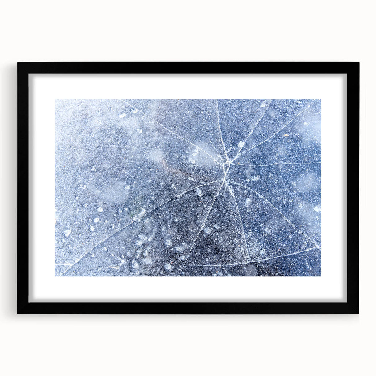 Abstract art print featuring textured, colorful frost patterns on extra large canvas, framed in black.