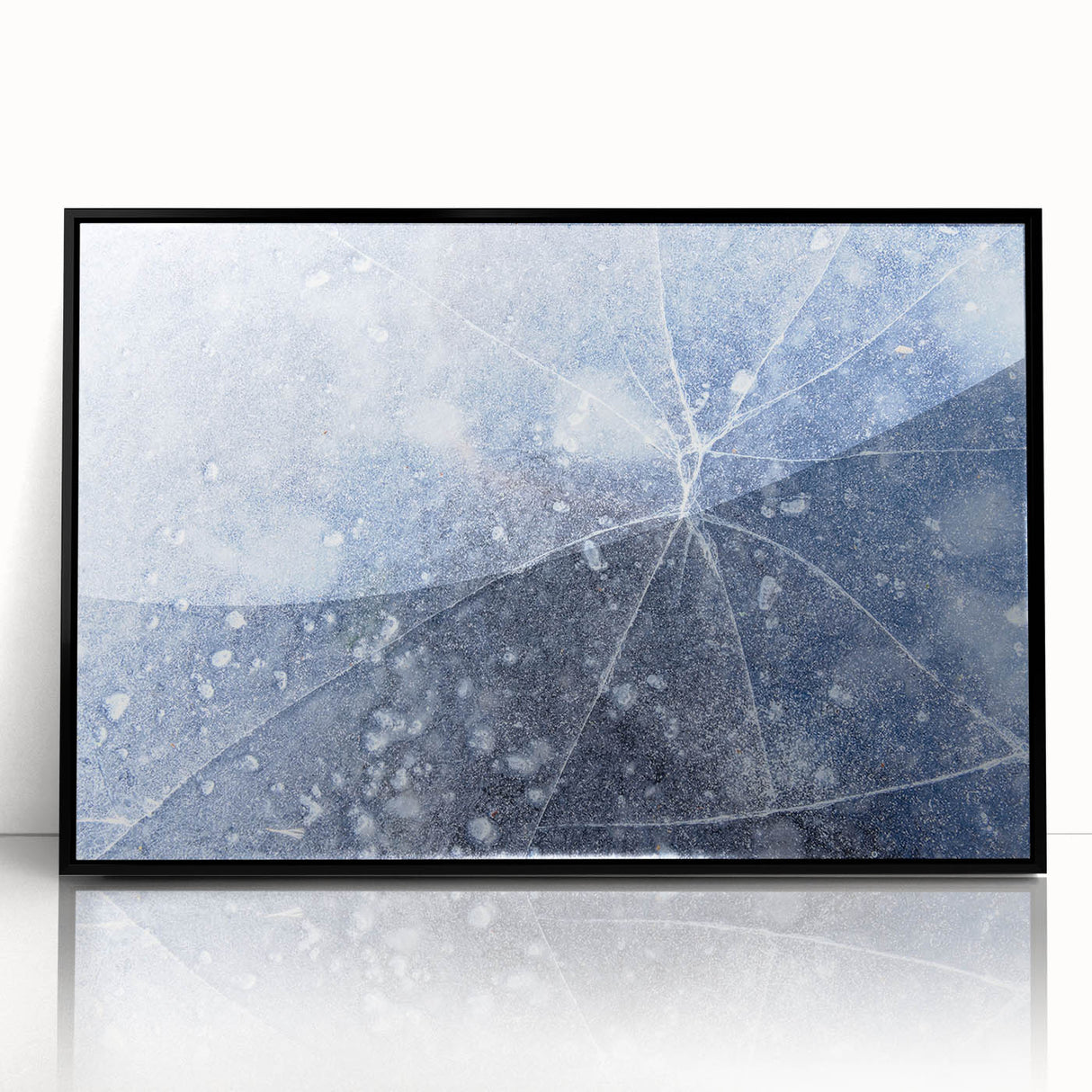 Framed acrylic print of large abstract wall art featuring frost patterns in black and white, ideal for modern art wall decor.
