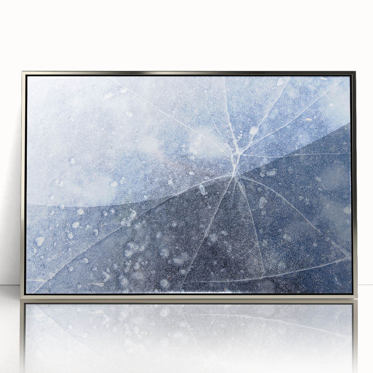 Framed acrylic print of a close-up ice frost design in silver tones, ideal for modern nursery wall art.