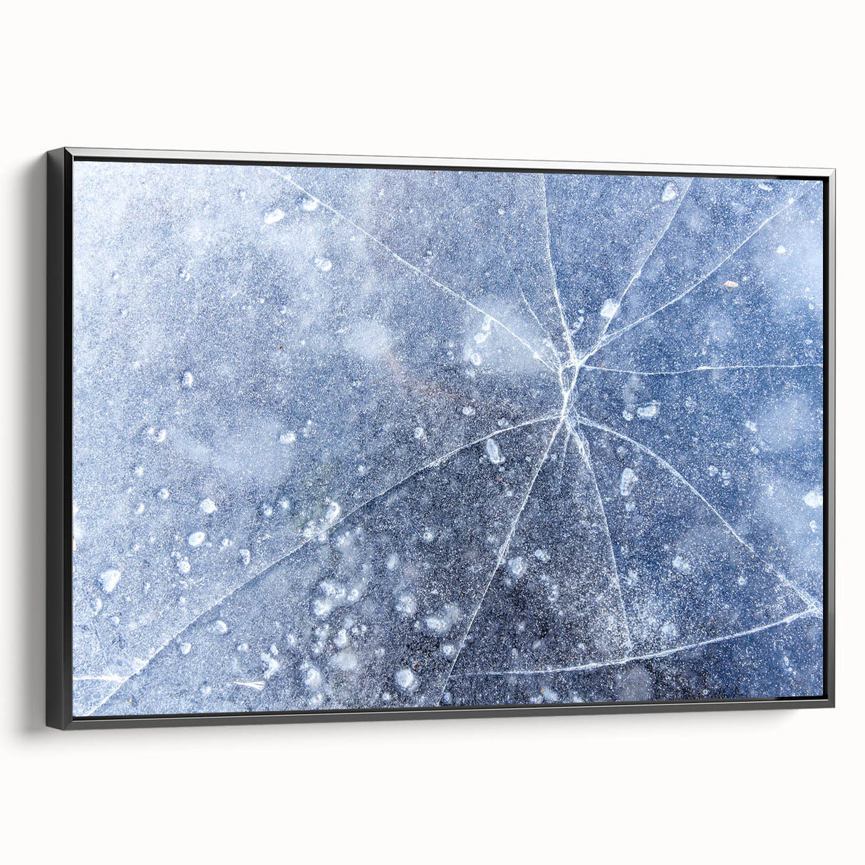 Black and white framed canvas featuring a close-up of frost patterns, ideal for bedroom wall decor.