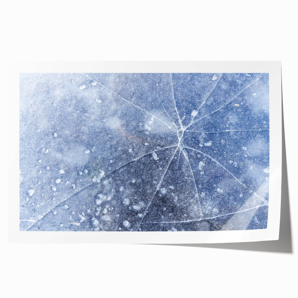 Frost pattern on a rolled canvas print with soft blue and white tones, suitable for dining room or bathroom wall art.