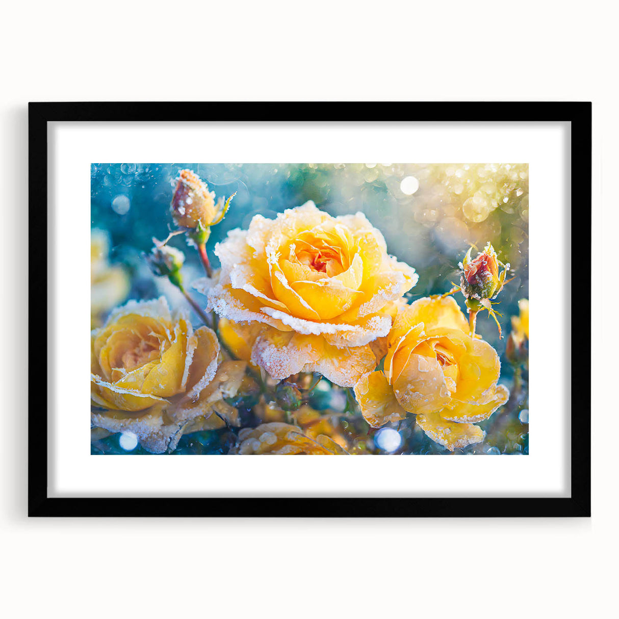 Extra large abstract art print featuring colorful, textured frost patterns on a black framed canvas.