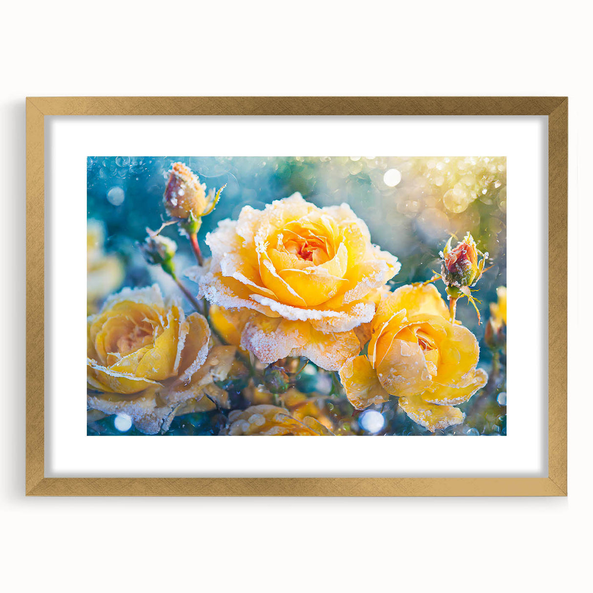 Textured art depicting abstract frost design in muted gray and white, framed in gold, ideal for bedroom art.