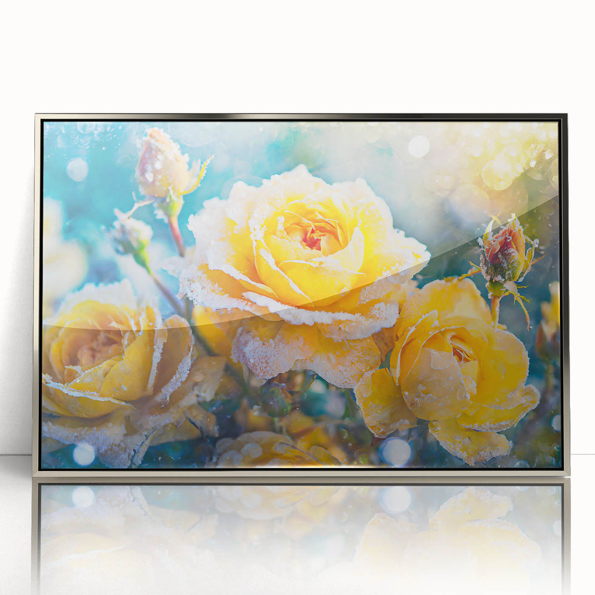 Framed acrylic print of a close-up ice frost design in silver, ideal for modern art wall decor.