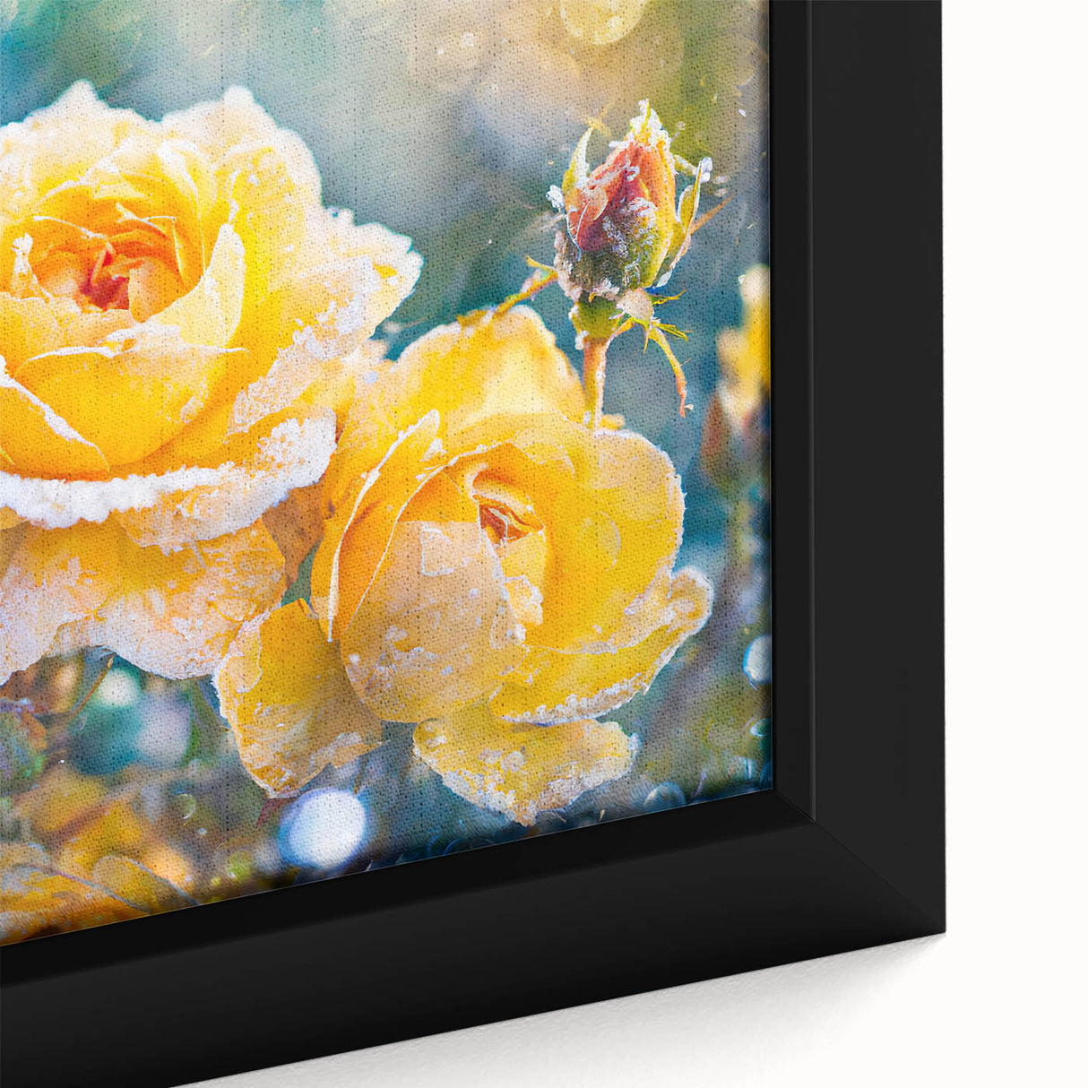 Framed canvas featuring a close-up of frost patterns in black with colorful, textured details.
