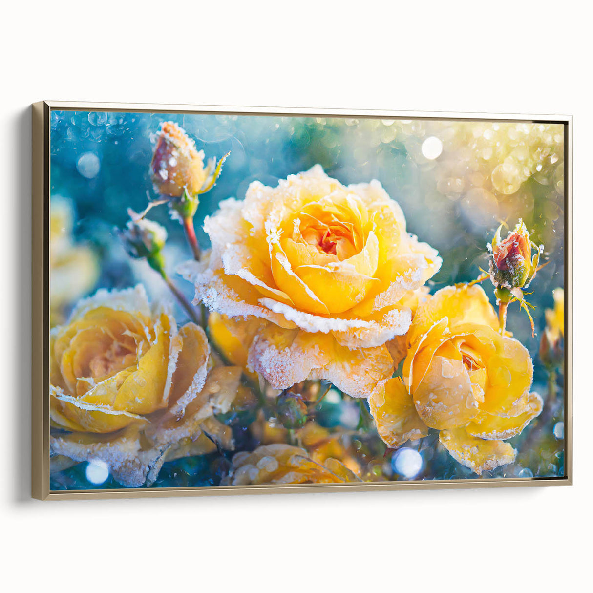 Framed canvas landscape art painting featuring a close-up of frost patterns in muted gray and gold tones.