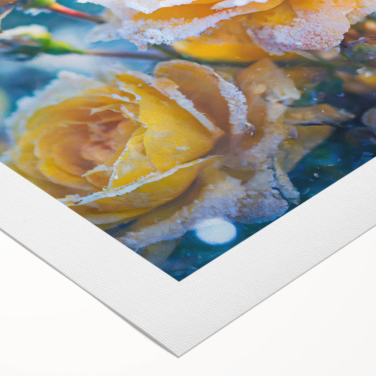 Art deco poster featuring a close-up of ice crystals in muted gray tones on rolled canvas.