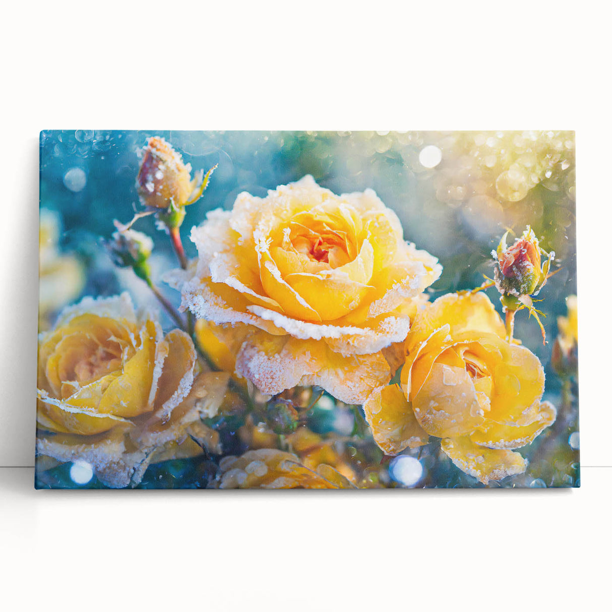 Black and white close-up photo of frost patterns on ice, printed on large stretched canvas.