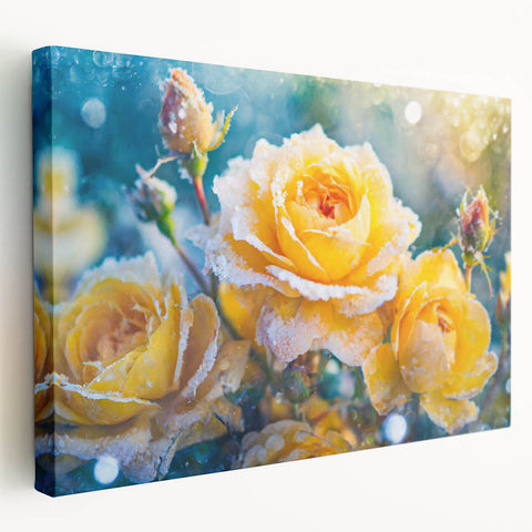 Close-up of frost patterns on ice in muted blue and white tones, printed on stretched canvas, suitable for kitchen wall art.