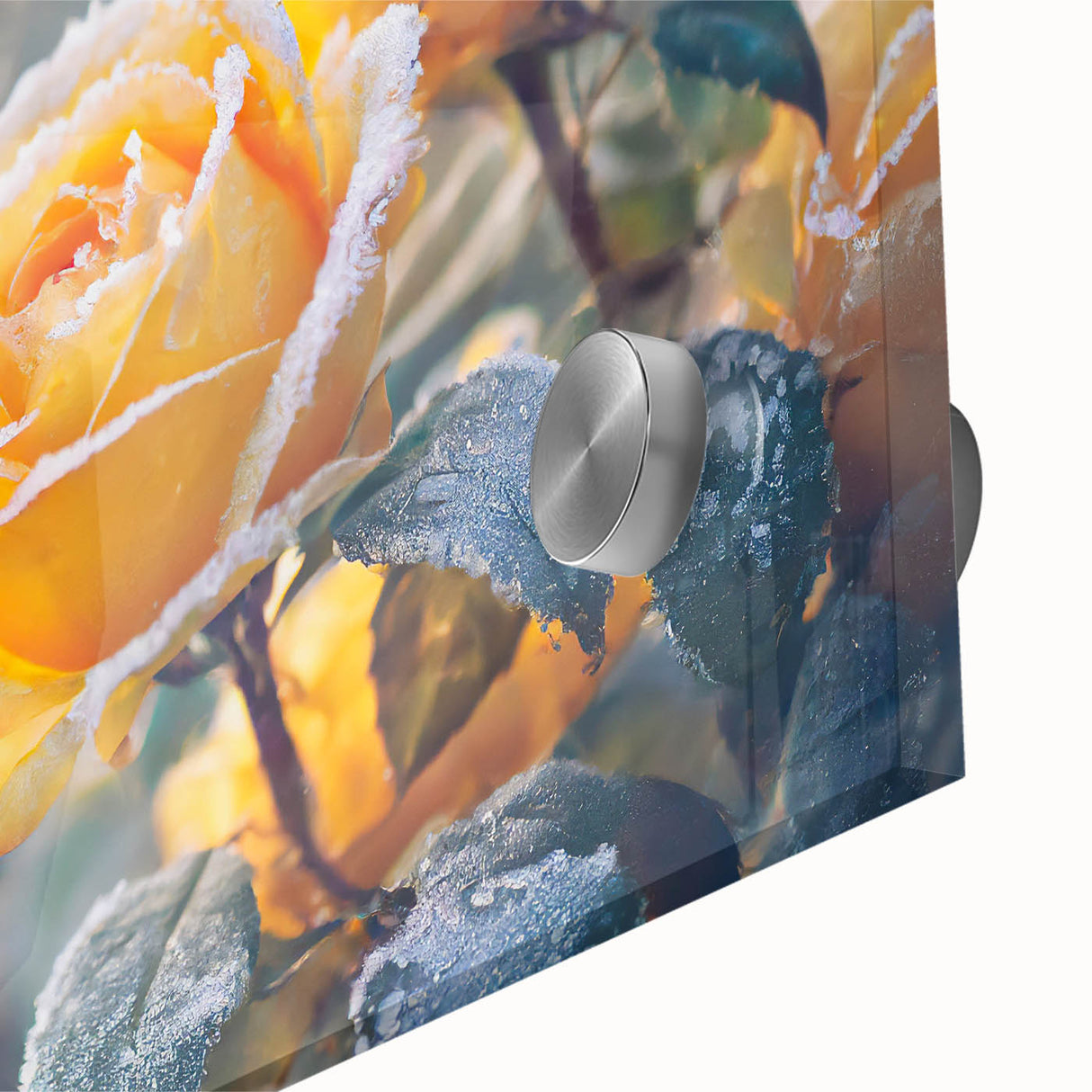 Close-up of frost patterns on ice in muted blue and white tones, acrylic glass print, suited for dining room art.