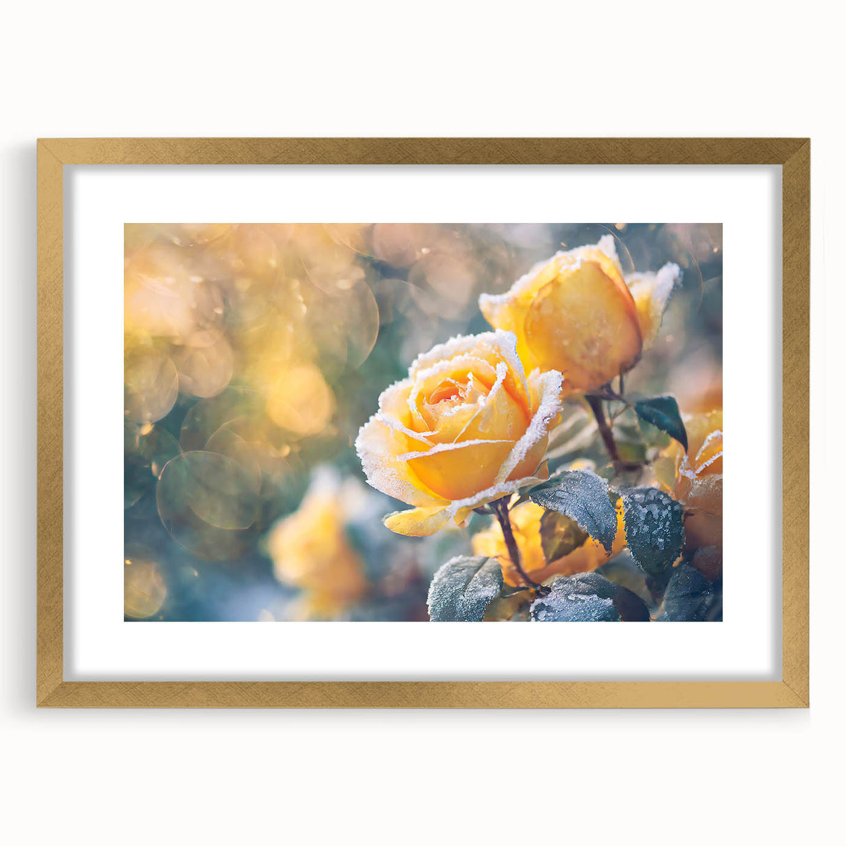 Textured art featuring abstract frost patterns in white and gray on a gold-framed canvas, ideal for bedroom art.