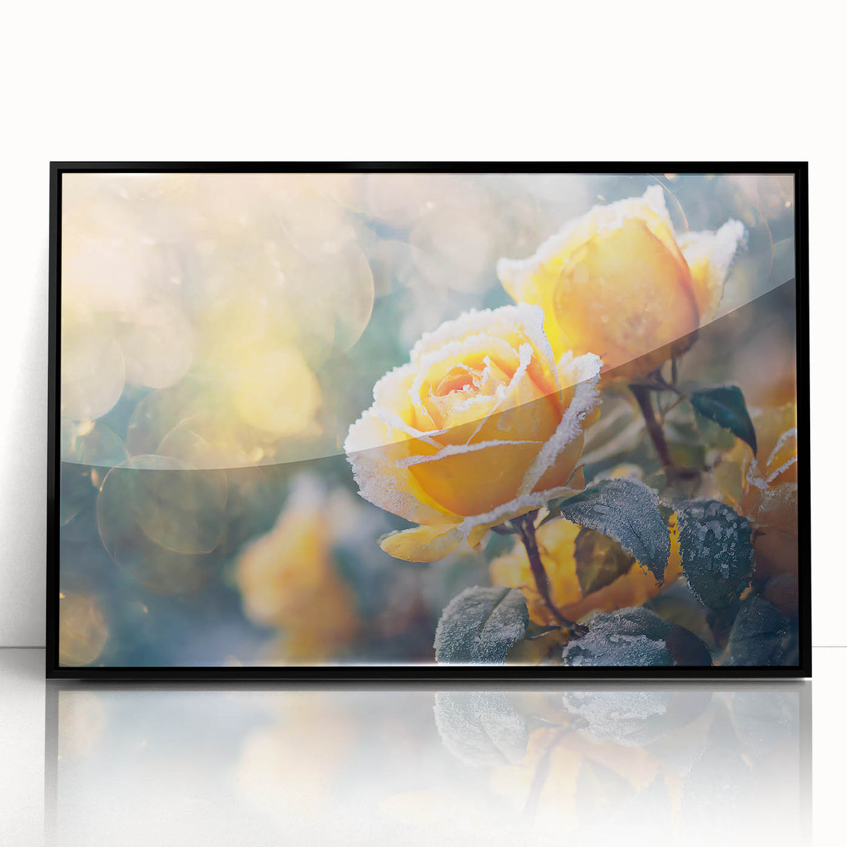 Large abstract wall art depicting frost patterns in muted gray tones, framed in black acrylic.