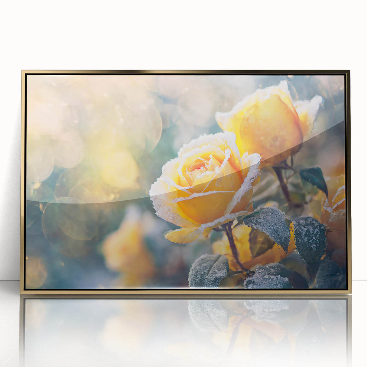 Framed acrylic print of a frost pattern in muted blue and white tones, showcasing a mid-century modernist style.