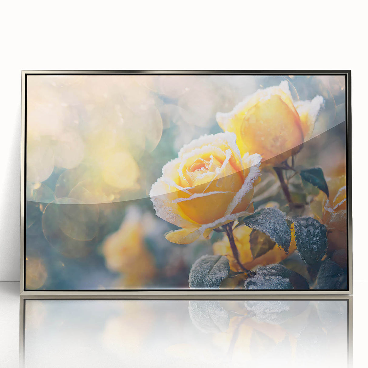 Framed acrylic print featuring a close-up of frost patterns in muted silver and gray tones, ideal for modern art wall decor.