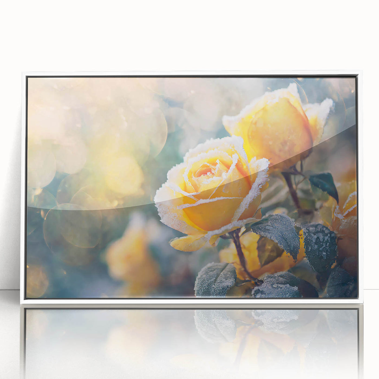 Framed acrylic print depicting a close-up of frost patterns in muted gray and white, ideal for modern nursery decor.