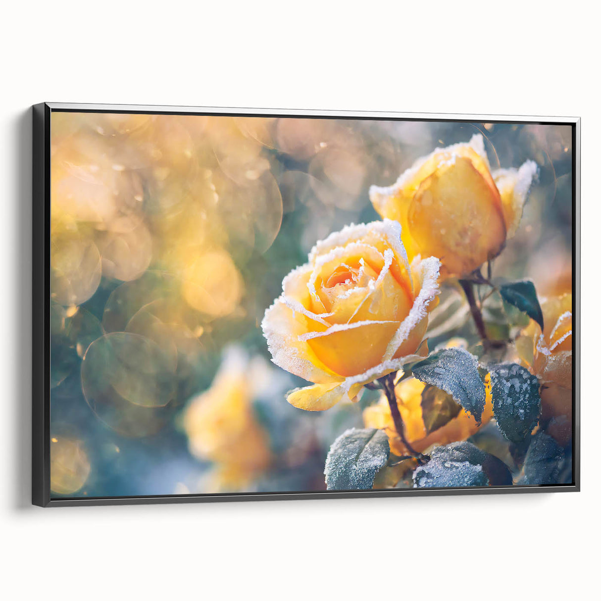 Black and white wall art featuring a close-up of frost patterns on ice, framed canvas, ideal for bedroom decor.