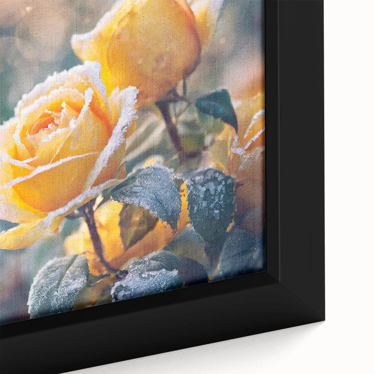 Framed canvas featuring a close-up of frost textures in black and colorful hues.