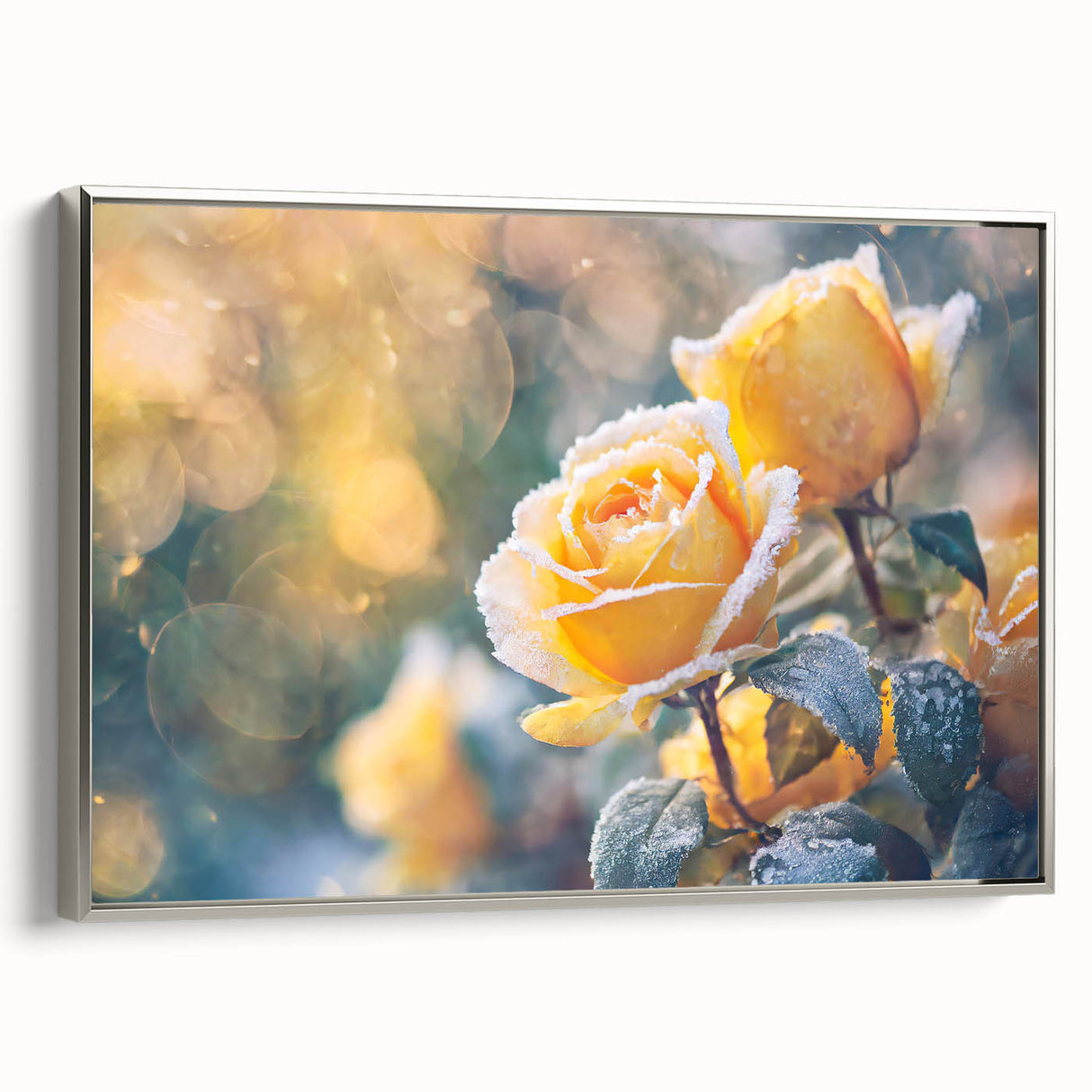 Vintage poster art of a frost design on a silver framed canvas, with black and colorful motifs.