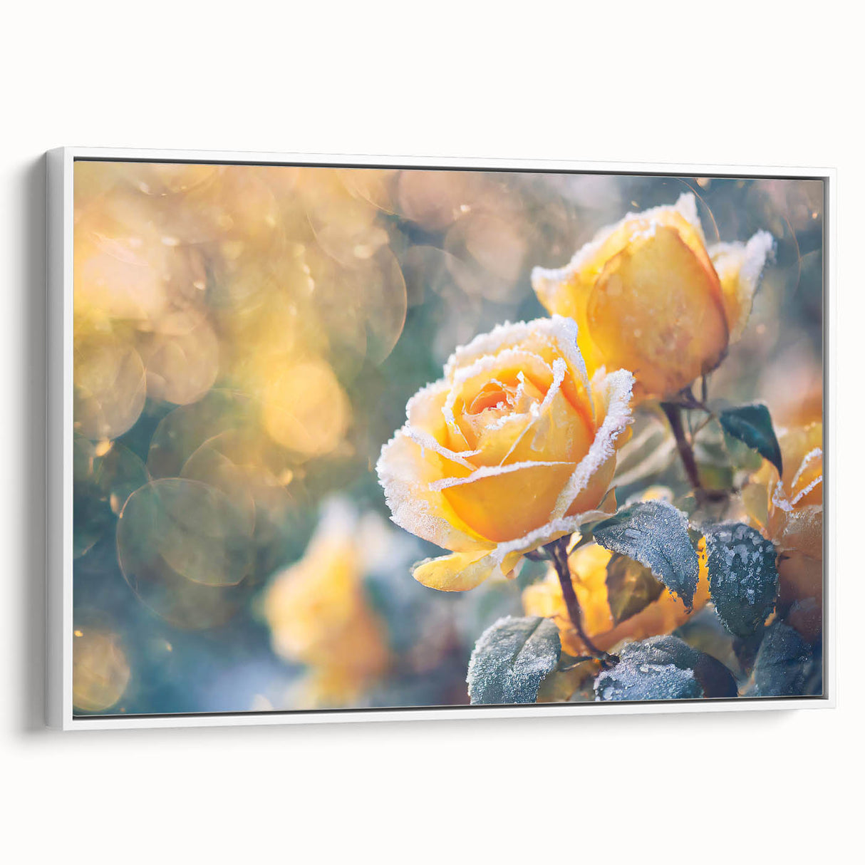 Framed canvas featuring a close-up of ice crystals in muted gray tones, ideal for bedroom wall art.