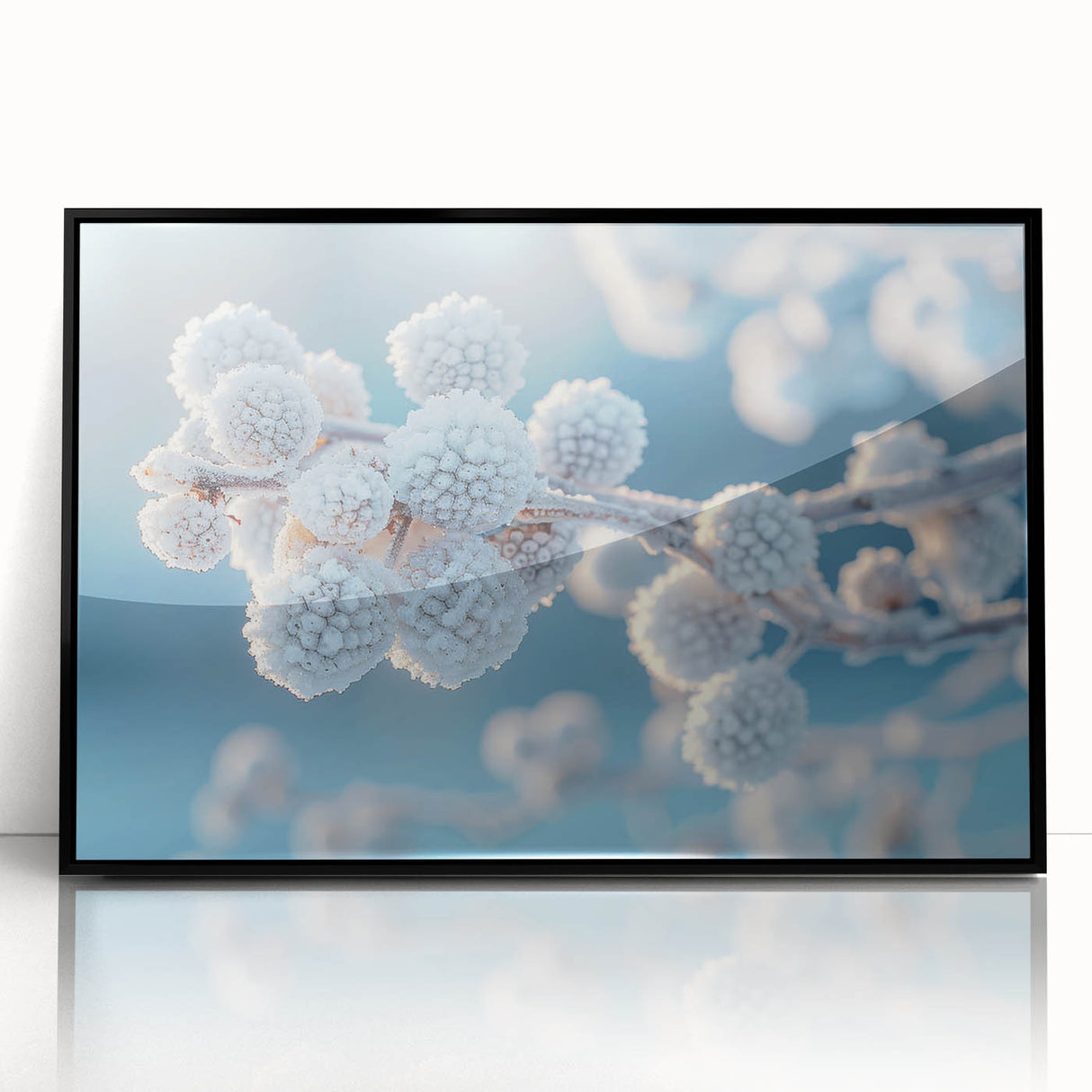 Framed acrylic print of large abstract wall art featuring frost-like patterns in muted gray tones.